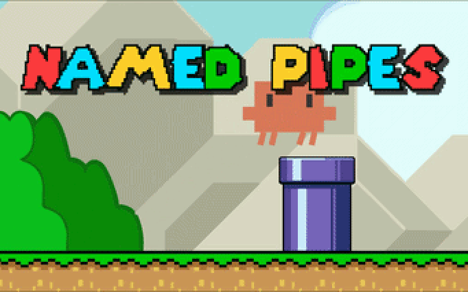 A frame from the named-pipes mascot animation: a pixel-art creature mid-jump above a green pipe, under the title “Named Pipes”
